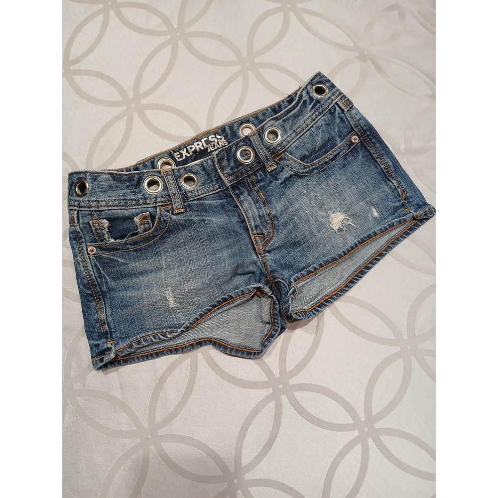 Express Jeans Blue Denim Grommet Waist Distressed Mini Shorts Size 4 Vtg 2009